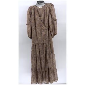 ELAN Women’s Tan Paisley Printed Long Sleeve Ruffle Trim Wrap Midi Dress SZ S